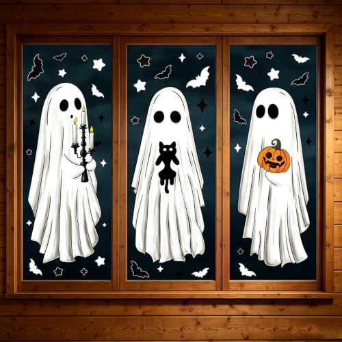 Halloween Ghost Window Clings Set - Large Ghost Pumpkin Bats for Holiday Decor