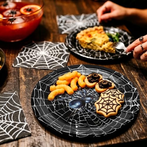 50 Pack Halloween Spider Web Dessert Plates - 7 Inch Disposable Party Tableware