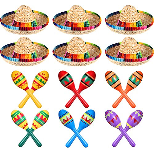 Mexican Fiesta Party Decor Set - Wooden Maracas & Mini Sombrero Hats - 18 Pieces