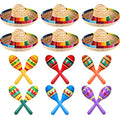 Mexican Fiesta Party Decor Set - Wooden Maracas & Mini Sombrero Hats - 18 Pieces