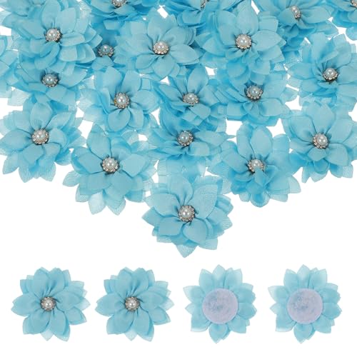 Light Blue Fabric Flowers with Rhinestones and Pearls, 15 Pcs for DIY Crafts & Wedding Decorations