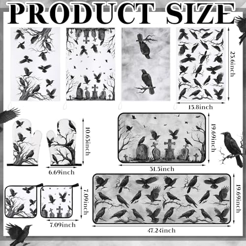 Halloween Crows Kitchen Towels Oven Mitts Pot Holders Set - Black Gray White