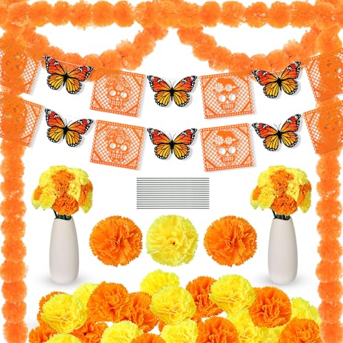 Day of the Dead Decor Set with Marigold Garlands Banners & Flowers – Festive Celebration Accessories