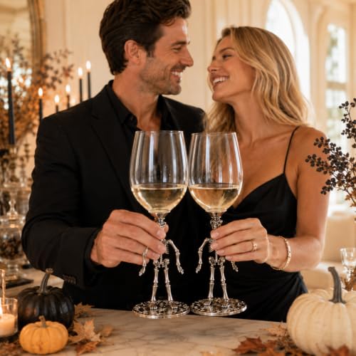 Skeleton Stemmed Wine Glasses Set of 2 - Spooky Gothic Goblets, 10 Inches Tall