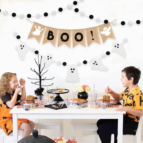 Halloween Burlap Banner and Felt Ghost Garland Set - 4 Pieces Home Decor