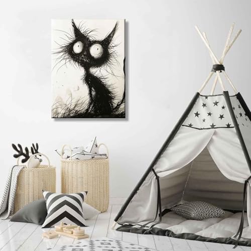 Black Cat Canvas Wall Art - Gothic Spooky Feline Painting for Halloween Decor - Wrapped 24"L x 16"W
