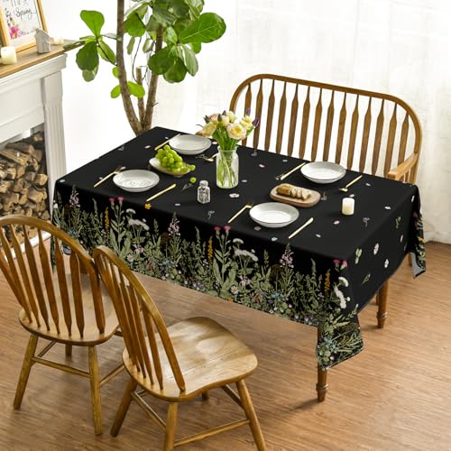Horaldaily Spring Tablecloth 52 x 70 Inch Rectangular Black & Green Floral