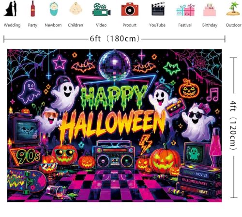90s Retro Halloween Backdrop 6x4FT Neon Spooky Ghosts Pumpkins Party Decor