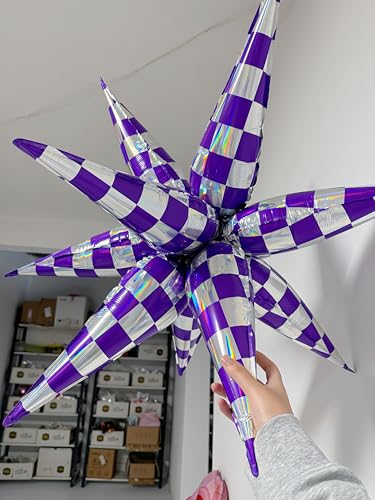 Purple Silver Checkered Star Foil Balloons Party Decorations - 24 Pack