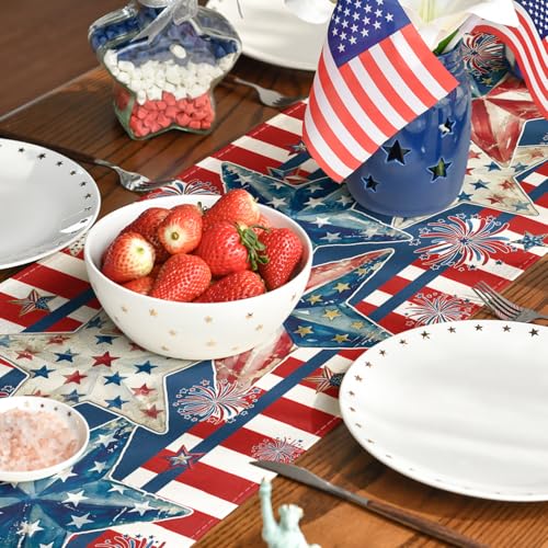 Patriotic American Flag Stars Table Runner - 13x72 Inch Red 4th of July Decor