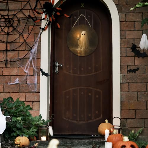 Halloween Ghost Round Door Sign - 10 Inch Wooden Rustic Plaque with Rope - Ghost-3 Variation