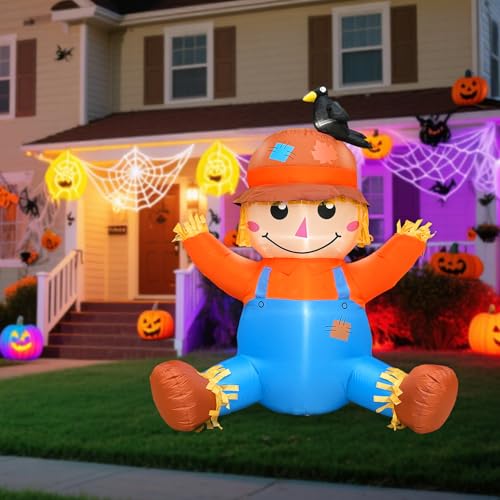 4FT Fall Thanksgiving Inflatable with LED Lights - Scarecrow & Crow Decoration