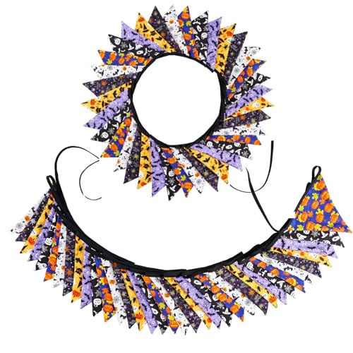 Halloween Pennant Banner Garland - 32Ft Fabric Triangle Flags for Party Decor - Black Orange Purple