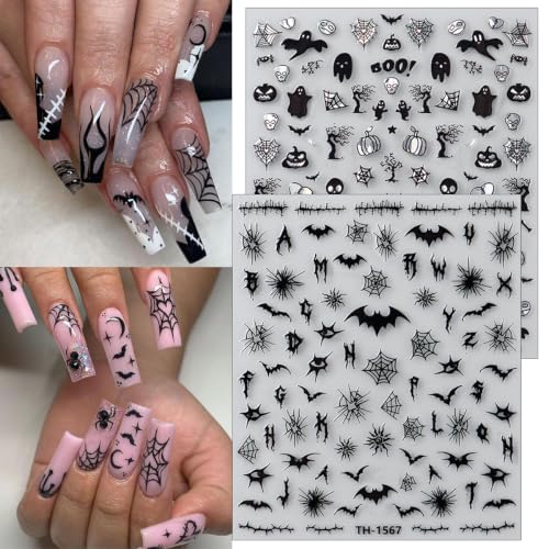 Halloween Nail Art Stickers Self-Adhesive Spider Web Bat Decals for Manicure - 6 Sheets with Horror Gothic Designs