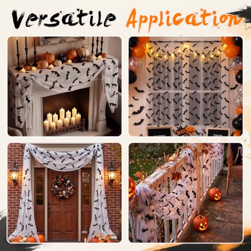 Halloween Bat Table Runner 3 Pack 10ft Gauze Table Decor for Parties - Black & White, Bat Variation