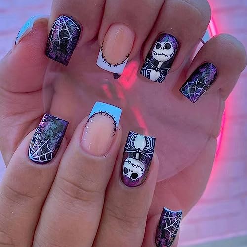 Halloween Press On Nails Medium Square with Spider Web Design - Style1, 24Pcs