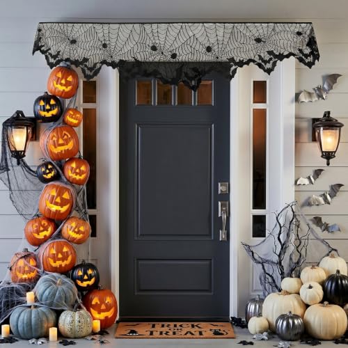 Halloween Cobweb Mantel Scarf Cover with Bat Design - Black 4, 18x96 in