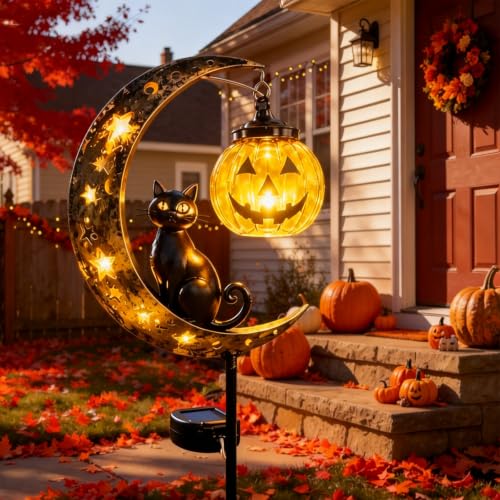 Solar Halloween Black Cat and Pumpkin Garden Stake Lights Outdoor Decor