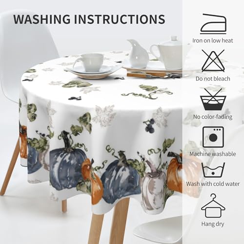 Yellow Hello Fall Watercolor Pumpkin Round Tablecloth 60 Inch Waterproof Autumn Decor