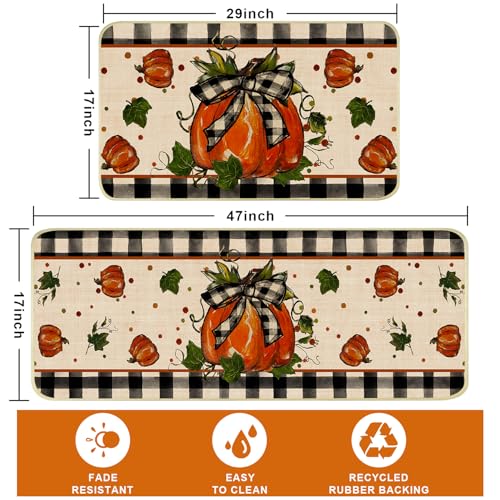 Fall Kitchen Mat Set of 2 - Plaid Pumpkin Non-Slip Rugs for Fall & Halloween Decor