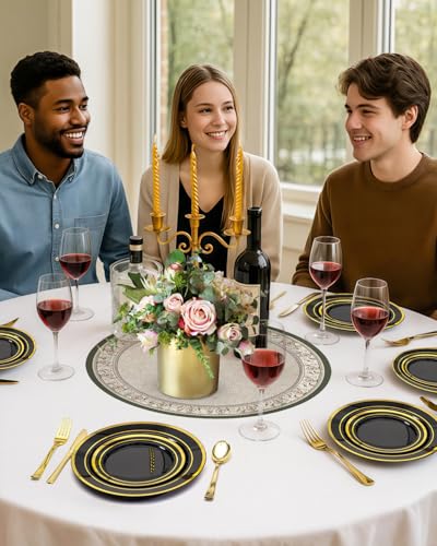 Black Plastic Dinner Plates with Gold Rim Set - 200PCS, Elegant Partyware, Reusable & Disposable