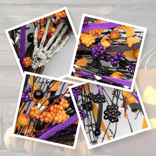 Halloween Wreath for Front Door 22 Inch Black Skeleton Decor with Berries