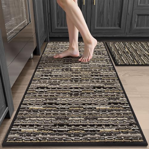 Kitchen Rug Set 2 Pieces Non Slip Floor Mats - Black, 20x47 & 20x32 Inches