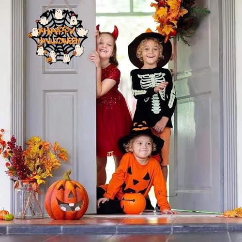 Halloween Ghost Door Sign Wreath - Rustic Wooden Wall Decor for Halloween