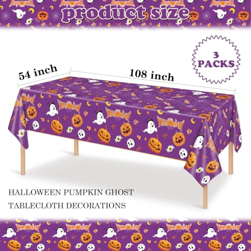 Halloween Disposable Plastic Tablecloths 3 Pack - Waterproof Pumpkin & Ghost Pattern, 54x108 Inches