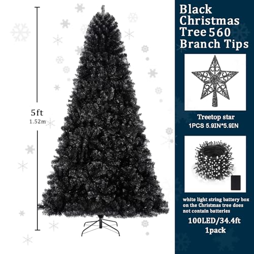 Black 5ft Artificial Christmas Tree with LED Lights and Tips - Halloween Decor