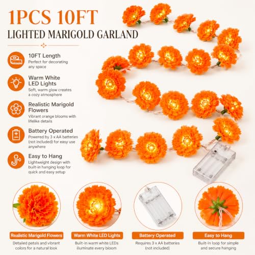 3 Pack LED Marigold Garland with Lights for Fall Halloween and Diwali Decor