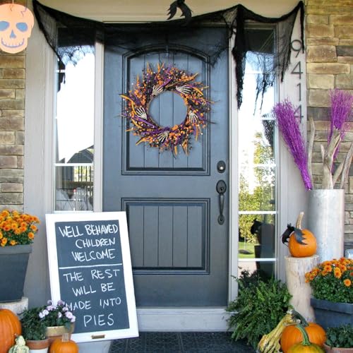 Halloween Wreath for Front Door 22 Inch Black Skeleton Decor with Berries