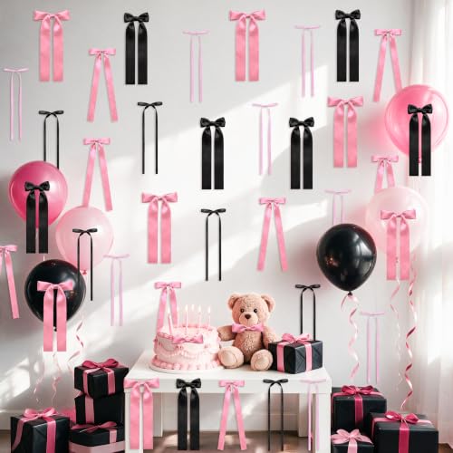 40Pcs Pink Black Satin Bow Wall Decor Set for Halloween, Birthday & Party