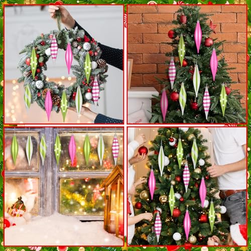 Christmas Tree Ornaments Set - Green and Pink Decorative Balls, 12 Pcs, 6.3 Inch