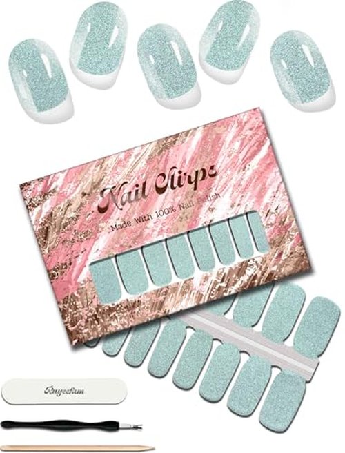 ruyeefam Glitter Nail Polish Strips, 32 Pcs Salon Quality Gel Nail Stickers, Long Lasting Wraps Easy to Use & Remove (Glitter Aquamarine)