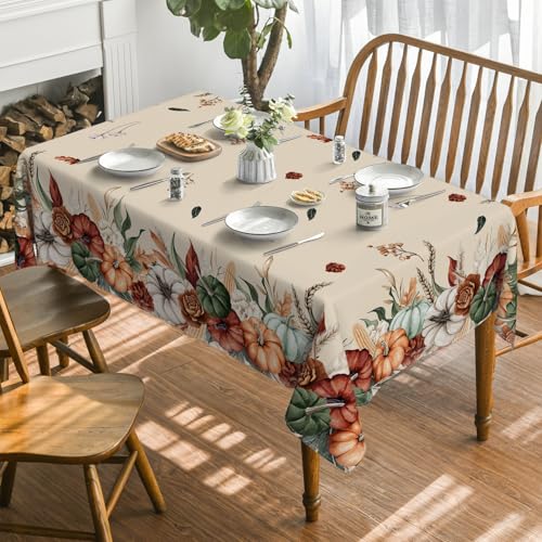 Fall Tablecloth 60 x 104 Inch Rectangular Flower Autumn Harvest Beige