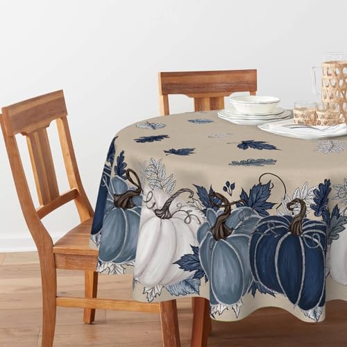 Horaldaily Fall 90-Inch Round Tablecloth - Autumn Harvest Blue Pumpkin, Beige