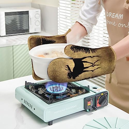 Vintage Moose Rustic Oven Mitts and Pot Holders Set - Heat Resistant Silicone Kitchen Gloves - 4 Pieces