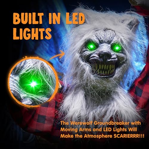 Halloween Animatronic Werewolf Groundbreaker Outdoor Decoration Scene with Moving Arms & Light-Up Eyes