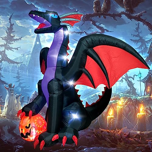 Halloween Inflatable Dragon Decoration - 8Ft Huge Outdoor Blow Up Yard Decor - Black & Green with LED Lights - Variation: 8FT Huge Dragon
