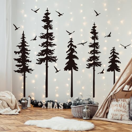 Black Forest Tree Wall Decals with Birds - Peel and Stick Woodland Mural for Bedroom