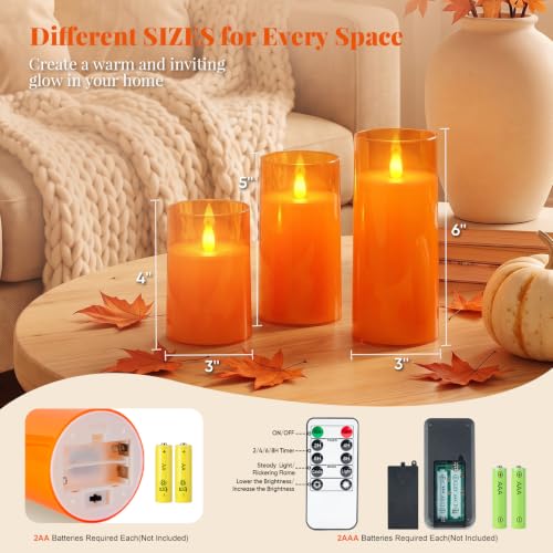 Raycare Flameless LED Pillar Candle 3 Pack - 3D Flame Timer Remote - Orange, D3xH4, 5, 6 Inches