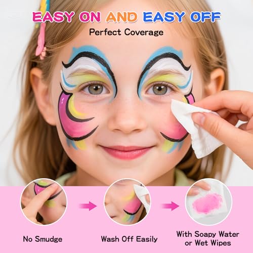 Multicolor Face Painting Kit for Kids & Adults - Split Cake Palette, Glitter, Stencils