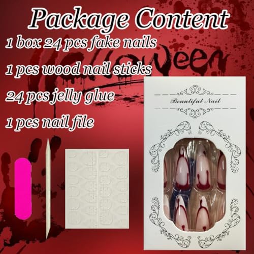 Halloween 24PCS Press On Nails Long Stiletto Blood Design White Tips - Variation Halloween12