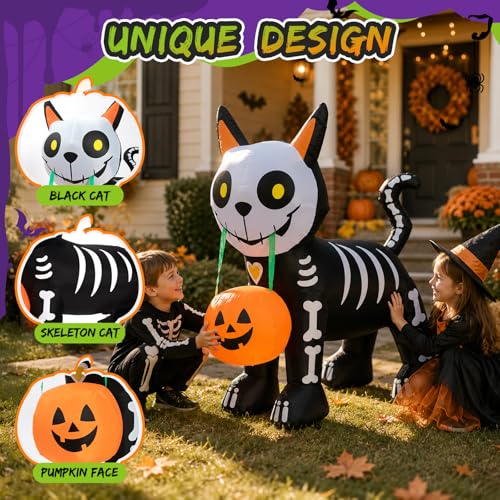 5FT Halloween Skeleton Black Cat Inflatable Outdoor Decoration - Glowing Jack-o'-lantern