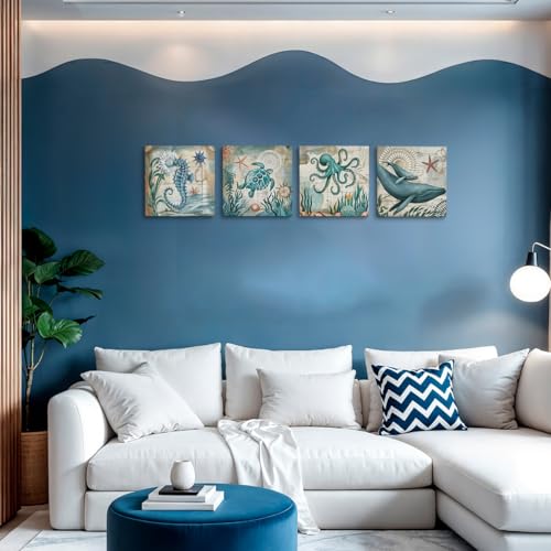 Beach Wall Art Set - Ocean Sea Turtle Octopus Canvas Pictures, Variation Ocean 02
