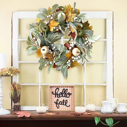 Fall Wreath Full Handcrafted Autumn Front Door Wreath with Pumpkins Maple Leaves Berries Green Leaf - Fall Decor