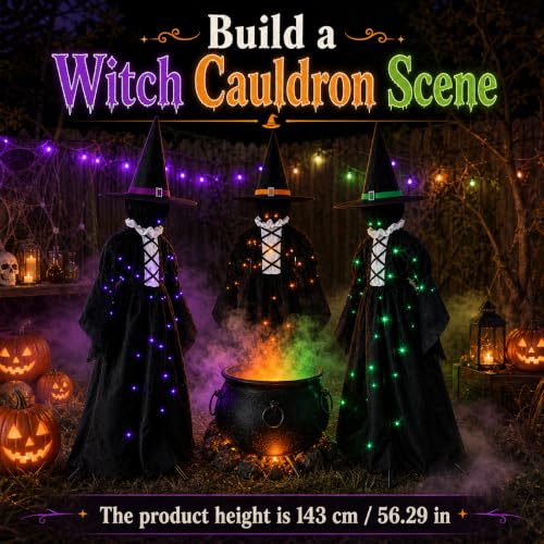 MCJC Halloween Witch Decorations Outdoor Set of 3 Light Up Stakes - Black
