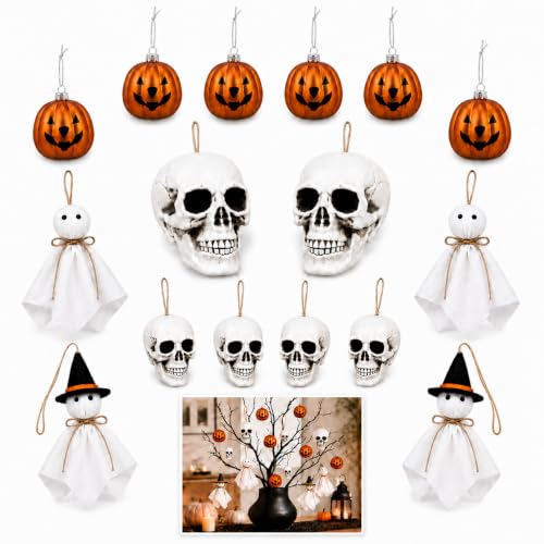 Halloween Tree Decorations 16 Pack Ghost Pumpkin Skull Ornaments Set