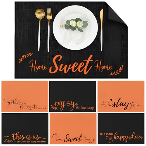 Fall Placemats Set of 6 with Sayings - Orange & Black Farmhouse Style - Classic Design